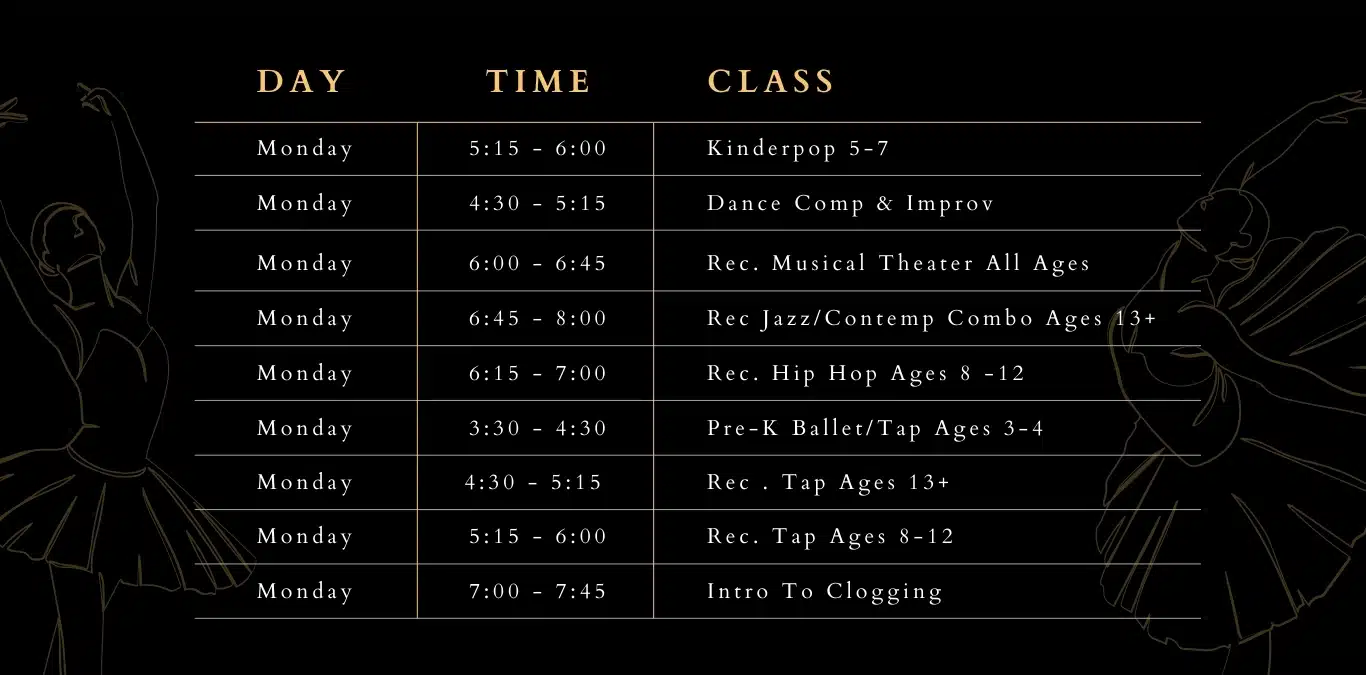 Monday 2024-2025 Dance Class Schedule