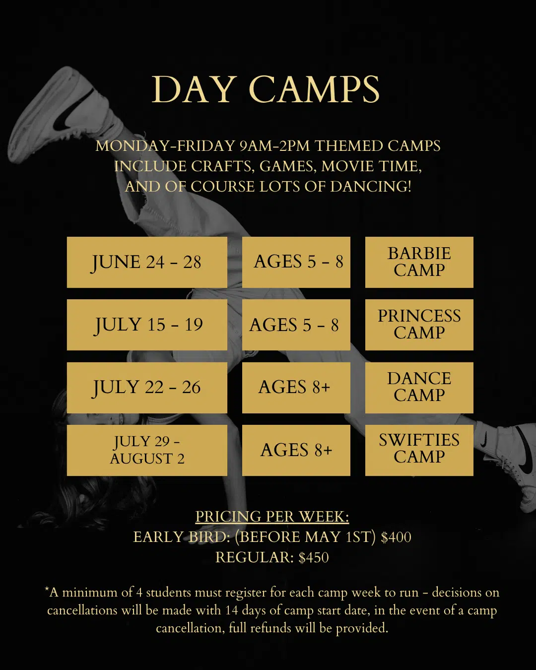 Day Camps from Monday to Friday 9 a.m. to 2 p.m. at Holy City Dance Center