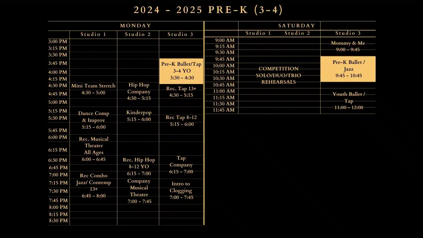 2025-2025 Pre-K Dance Class Schedule