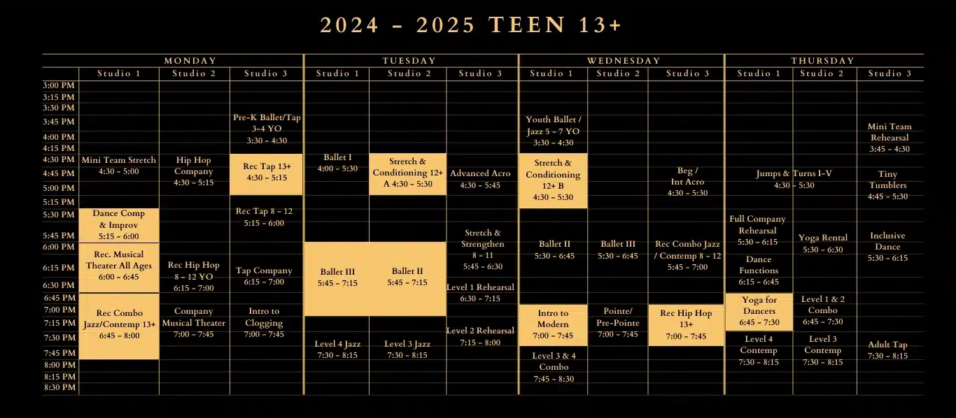 2024-2025 Teen 13+ Dance Class Schedule