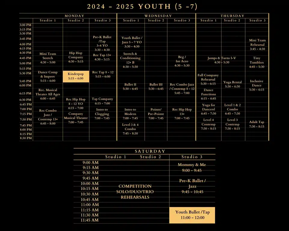 2024-2025 Youth (5-7) Dance Class Schedule